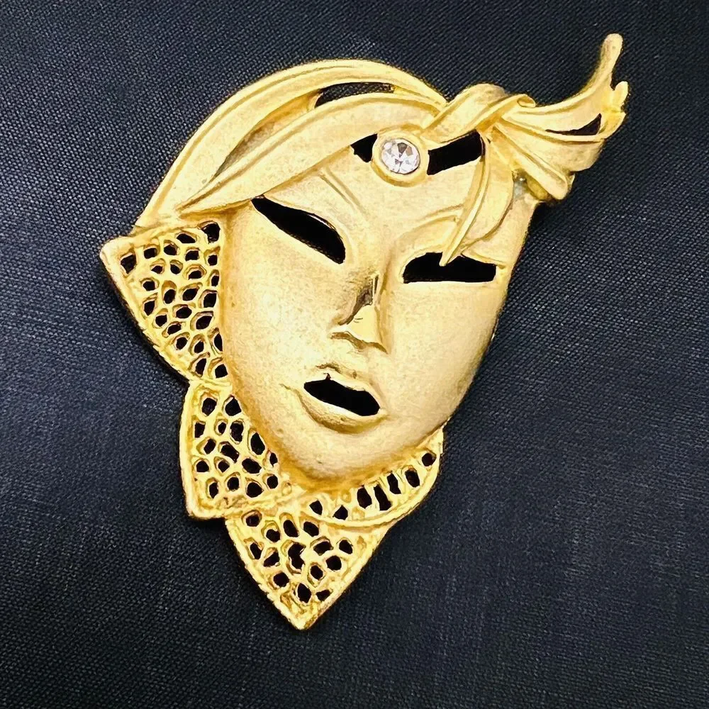 Vintage Lady Face Mask Gold Brooch Necklace Pendant Pin Art Deco Rhinestone 4089